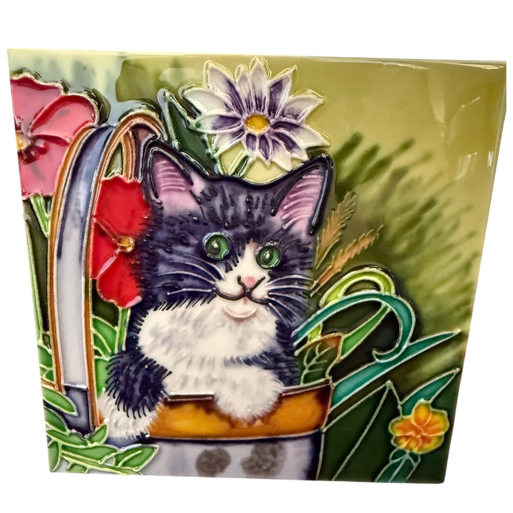 Decorative Cat Tile Floral 5.5x5.5 Hand painted‎ 3-D Stand Attached Cat Lover